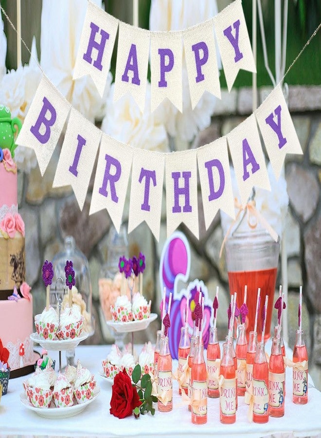 CROWNOS Purple Happy Birthday Banner Sign, Rustic Burlap Purple Happy Birthday Party Decorations for Girls Women - Image 4